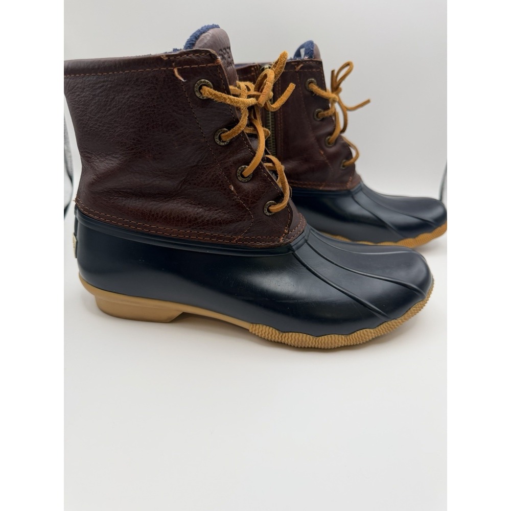 Sperry Saltwater Duck Boots Women's 8.5M Brown Leather Navy Waterproof Rain